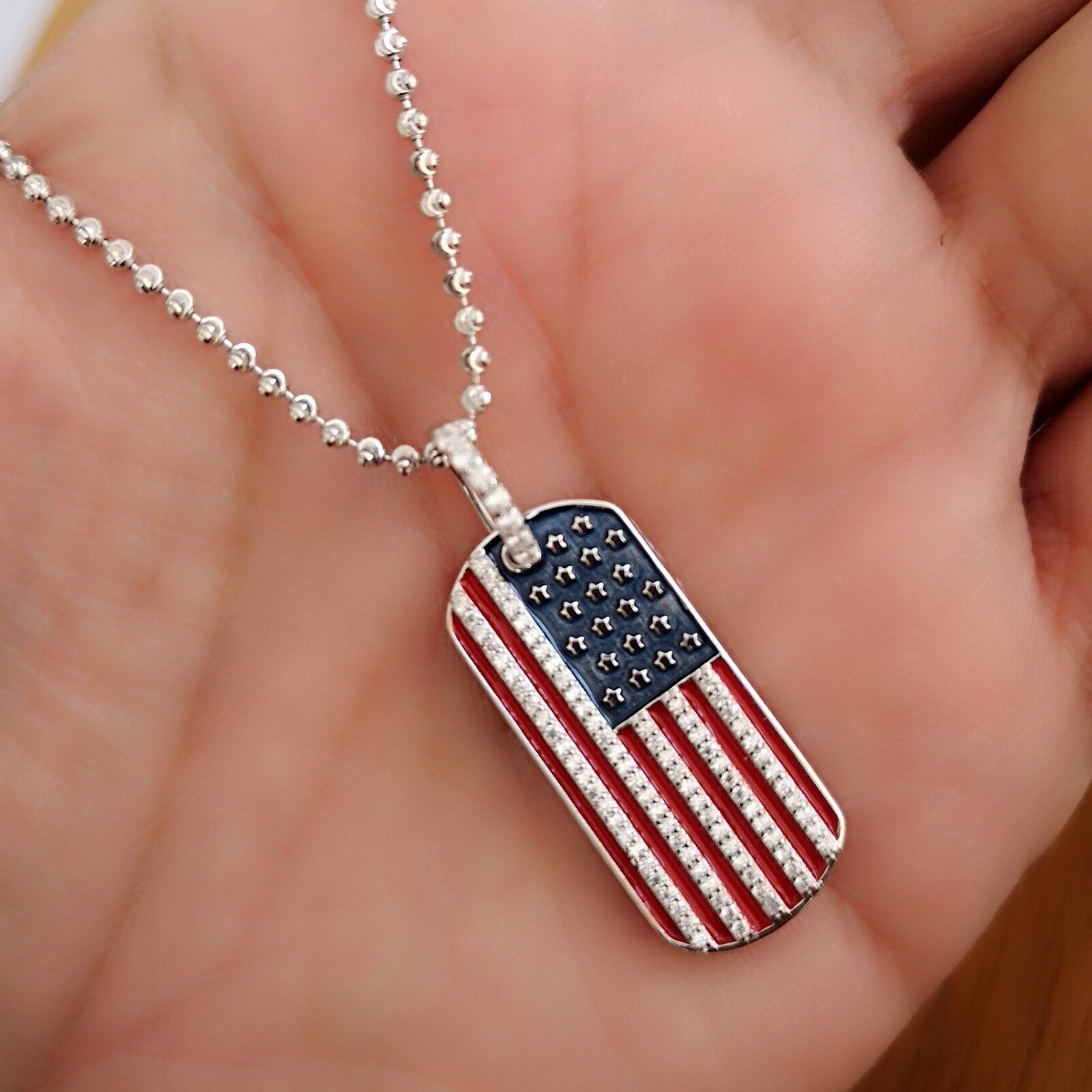 USA Flag Necklace Pendant Diamond in 14K White Yellow Gold Plated