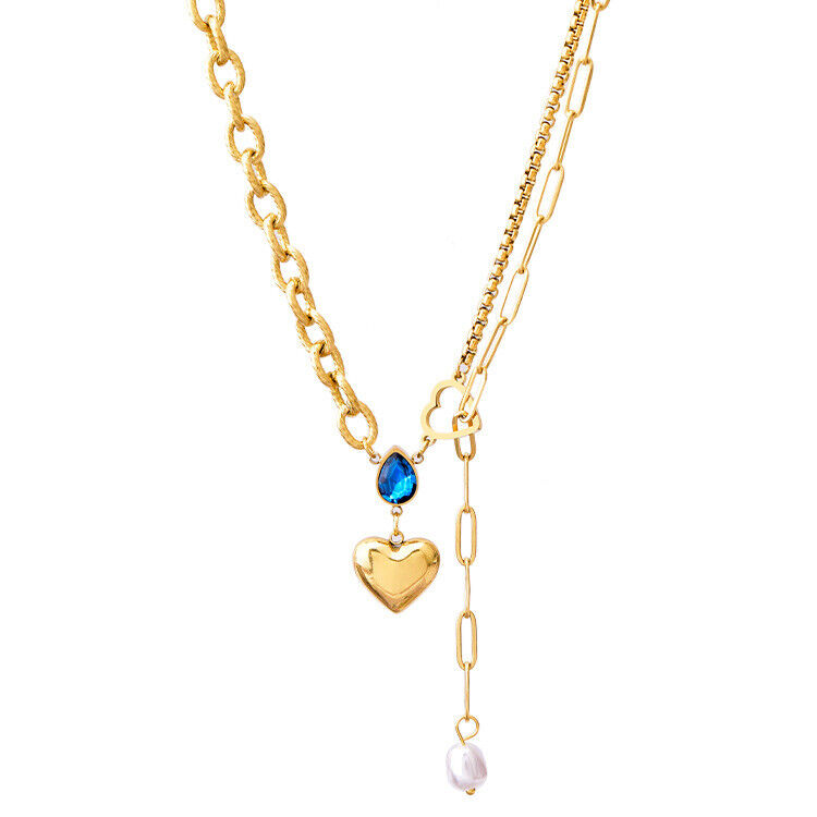 Women's 18K Gold Plated Blue Crystal Heart Pendant 925 SILVER Necklace