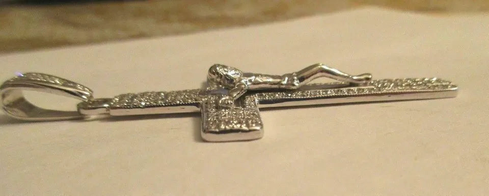 14K White Gold Over 2.50Ct Round Cut Simulated Diamond Jesus Cross Shape Pendant