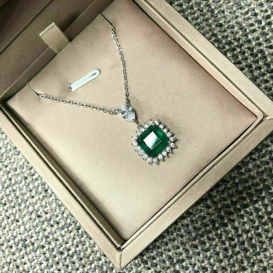 3.00Ct Asscher Cut Green Emerald Diamond Halo Pendant 14K White Gold Finish Chain