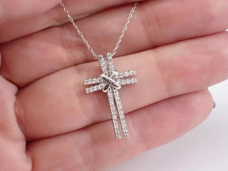 2.00Ct Round Cut Real Moissanite Cross Pendant 14K White Gold Plated 18Chain